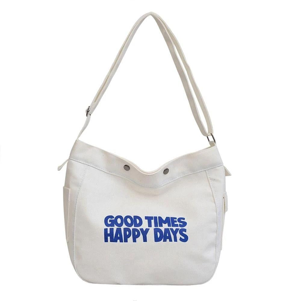 M014, “ Good time “ Letter canvas bag for women 2023 new trendy simple fashion tote bag student class large capacity messenger bag