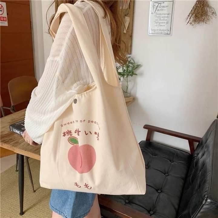 c021, Peach Print Canvas Bag High-capacity School Bag for Women
