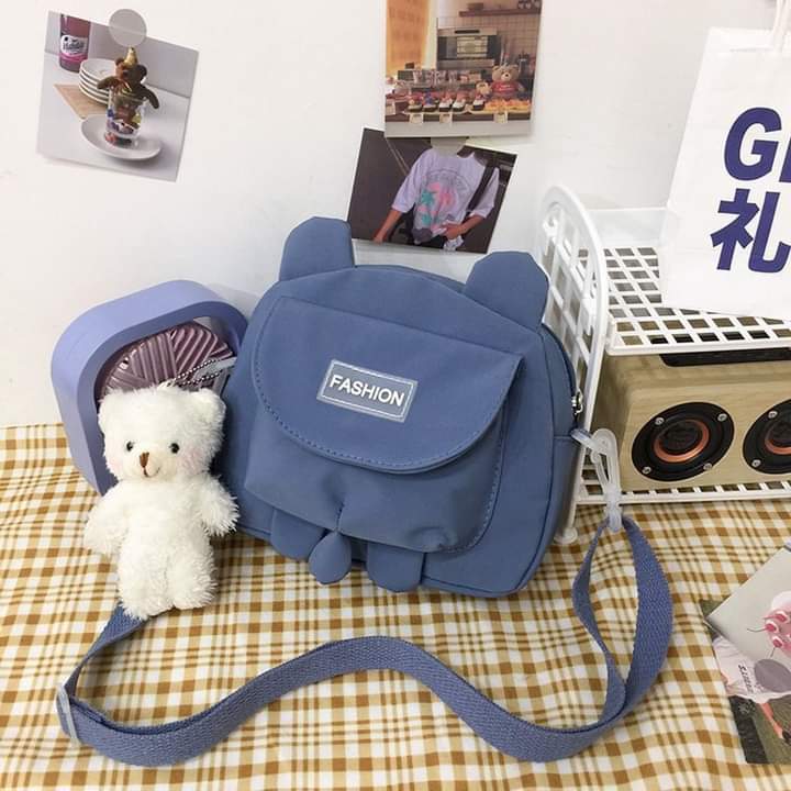 m098, small canvas shoulder bag, cute kitty pattern, Korean and Japanese style