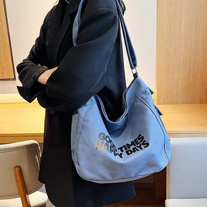 M014, “ Good time “ Letter canvas bag for women 2023 new trendy simple fashion tote bag student class large capacity messenger bag