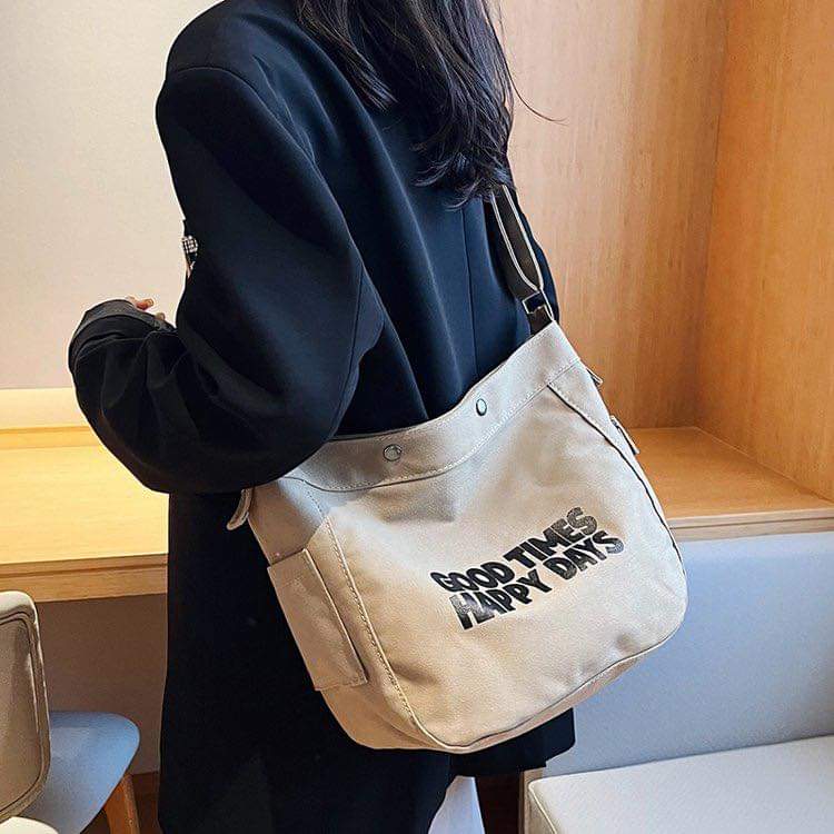 M014, “ Good time “ Letter canvas bag for women 2023 new trendy simple fashion tote bag student class large capacity messenger bag