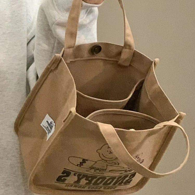 C065, Bags for women, fashionable and compact, new Snoopy canvas bag, cartoon portable, large-capacity tote bag storage bag