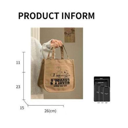 C065, Bags for women, fashionable and compact, new Snoopy canvas bag, cartoon portable, large-capacity tote bag storage bag