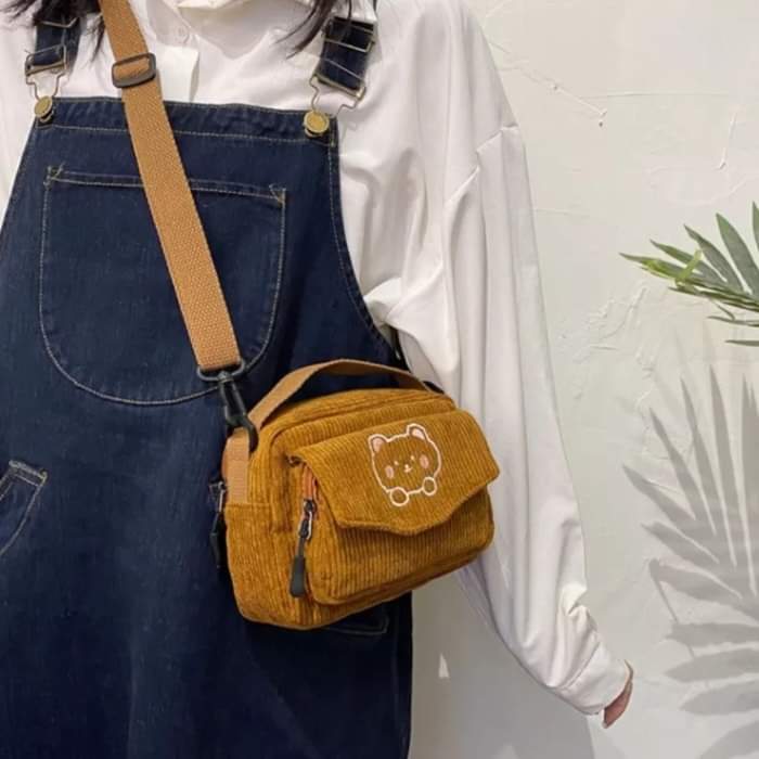 m032, women's corduroy travel sling bag messenger bag school bag handbag crossbody bag
