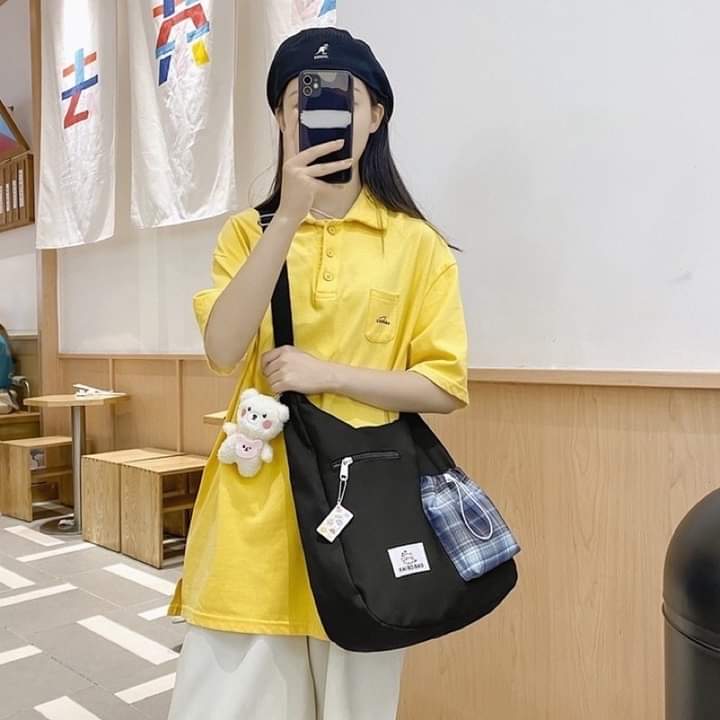 m019, shoulder bag Large clear compartment of plaid pattern. New style canvas bag.