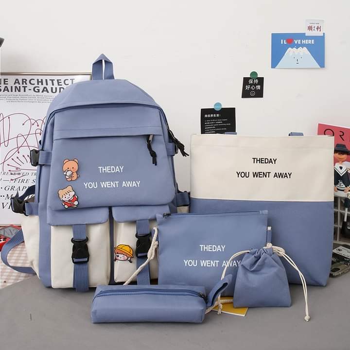 b052, New five-piece schoolbag female Korean version ins color matching middle school student schoolbag fashion alphabet campus student backpack