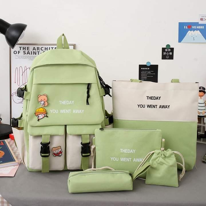 b052, New five-piece schoolbag female Korean version ins color matching middle school student schoolbag fashion alphabet campus student backpack