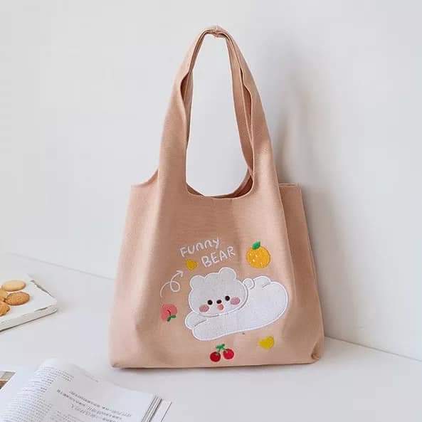 c034,Canvas bag, large FUNNY BEAR pattern,cute korean look