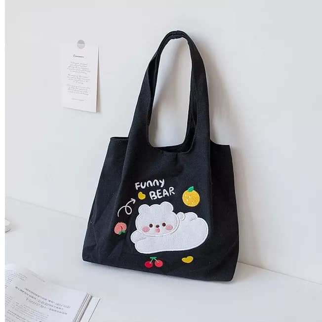 c034,Canvas bag, large FUNNY BEAR pattern,cute korean look