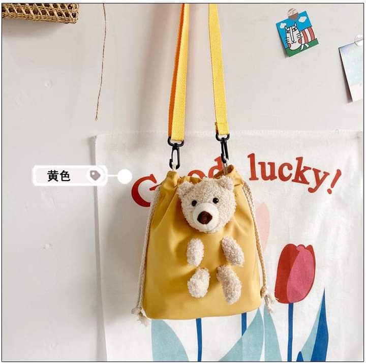 M77, Cute small bag female 2023 new Korean style fashion bear shoulder bag casual girl drawstring bucket bag