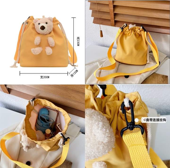 M077, Cute small bag female 2023 new Korean style fashion bear shoulder bag casual girl drawstring bucket bag