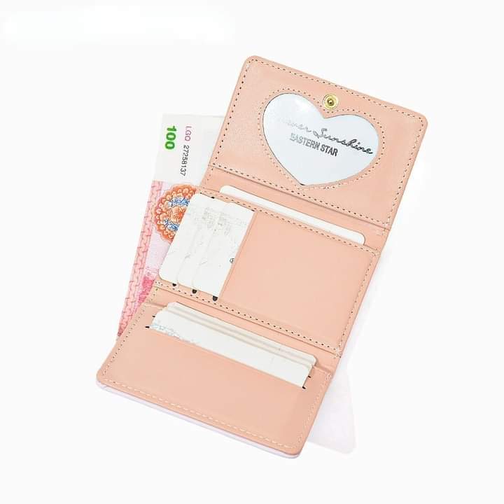 w030, short leather wallet, foldable, bear pattern, cute for girls and students.