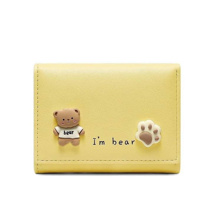 w030, short leather wallet, foldable, bear pattern, cute for girls and students.