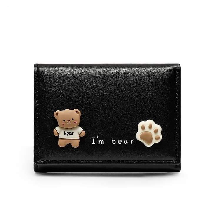 w030, short leather wallet, foldable, bear pattern, cute for girls and students.