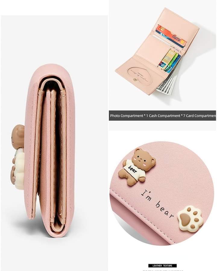w030, short leather wallet, foldable, bear pattern, cute for girls and students.