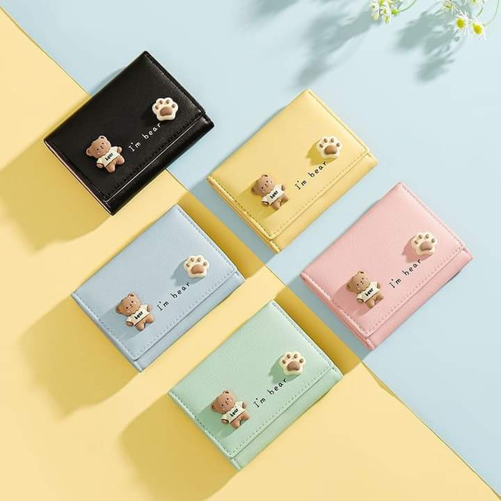 w030, short leather wallet, foldable, bear pattern, cute for girls and students.