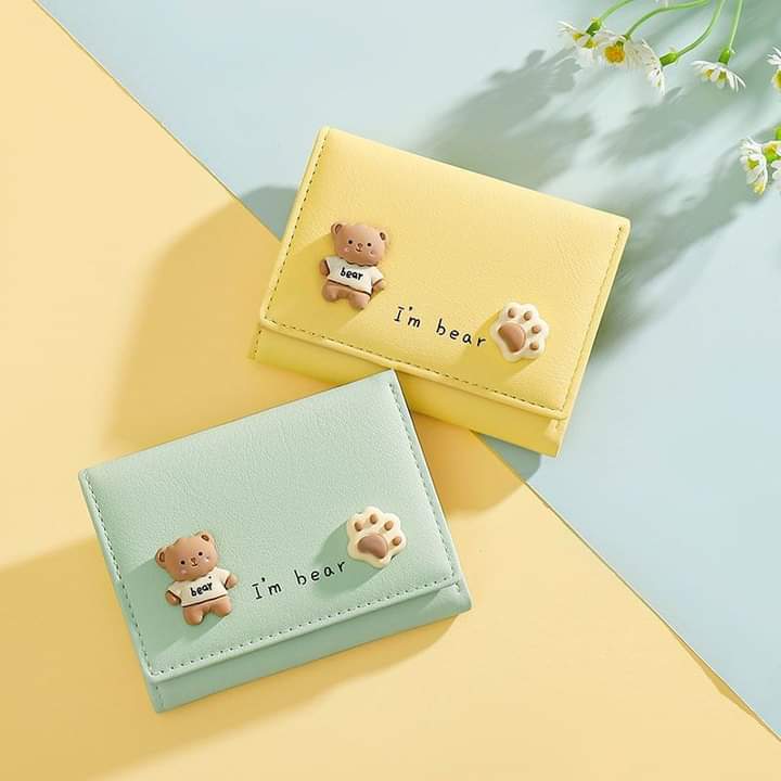 w030, short leather wallet, foldable, bear pattern, cute for girls and students.