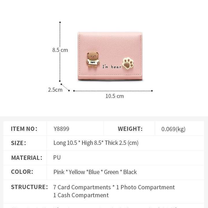w030, short leather wallet, foldable, bear pattern, cute for girls and students.