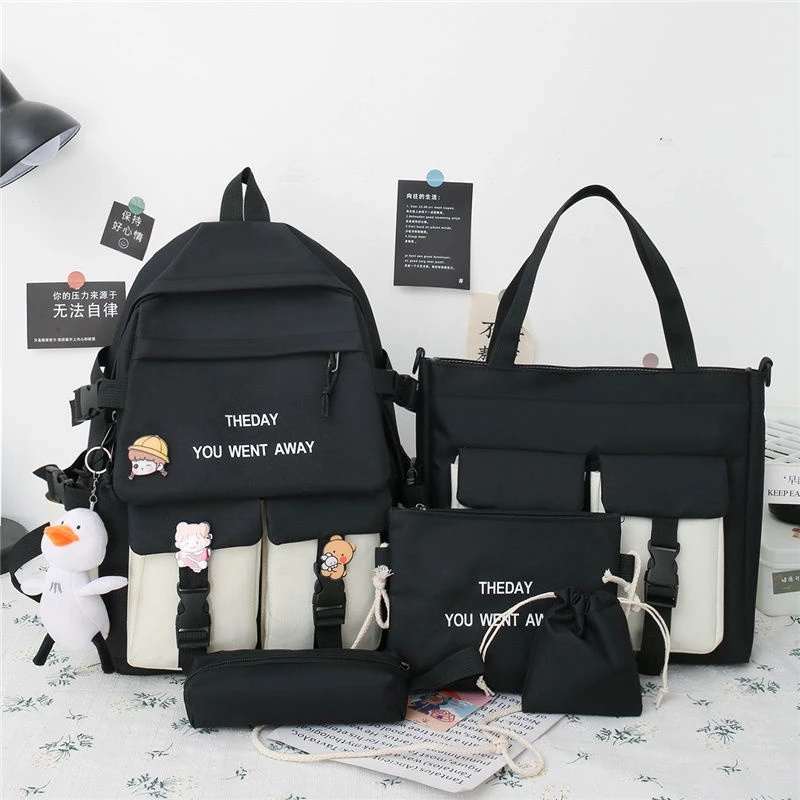 b052, New five-piece schoolbag female Korean version ins color matching middle school student schoolbag fashion alphabet campus student backpack