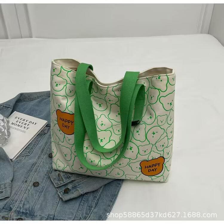 C98, New Tote Bag Female College Students Early Eight Commuter Canvas Bag Large Capacity Tote Bag Cute Bear Underarm Bag