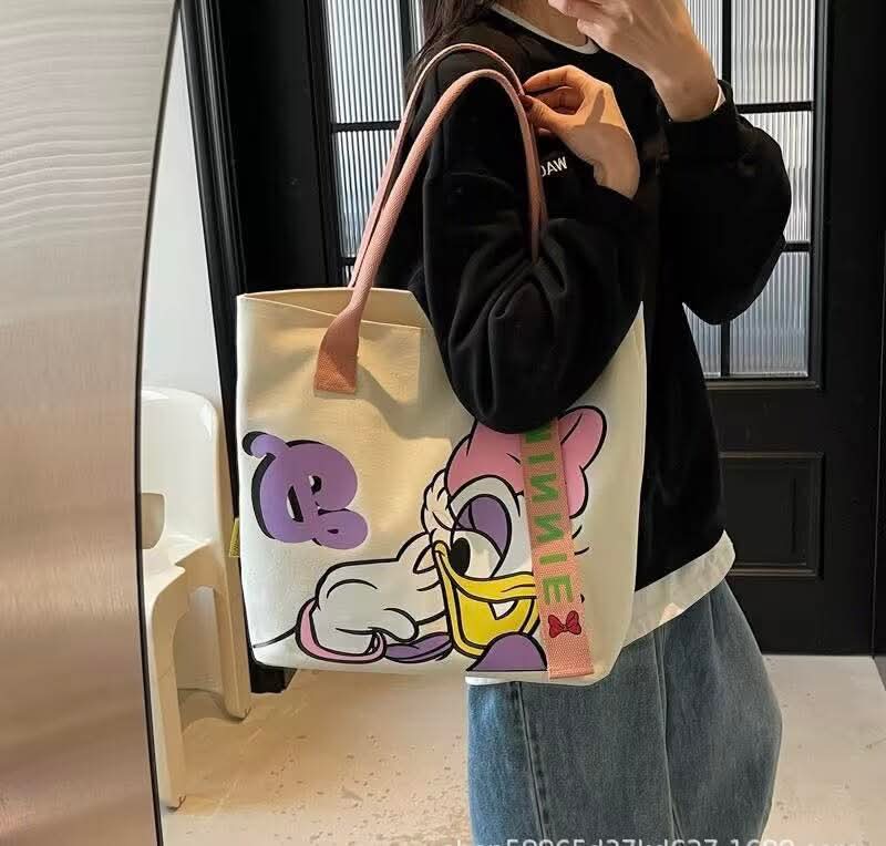 C97, New canvas bag for women 2025 new cute cartoon handbag casual versatile large capacity shoulder tote bag