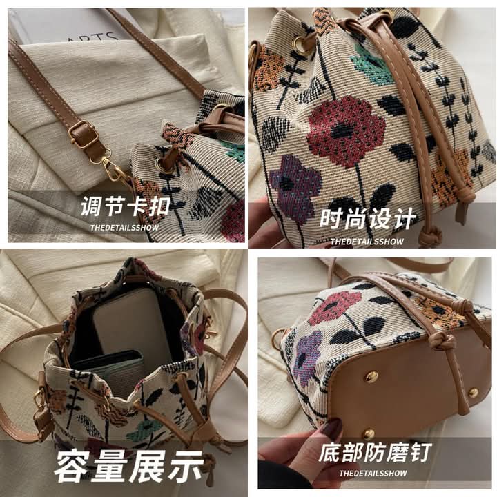 M83, 2024 Autumn New Personalized Casual Popular One-Shoulder Ethnic Style Crossbody Drawstring Bucket Bag for Women