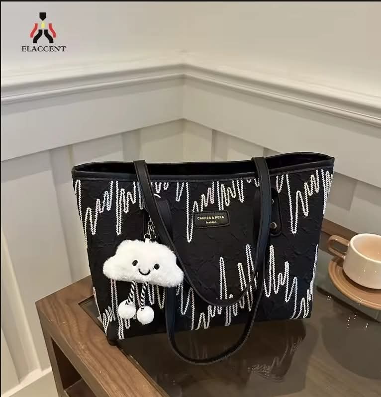 c018, Leisure commuter large capacity bag Women's new fashion college class single shoulder striped embroidery Tote bag