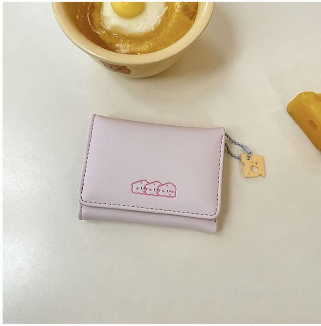 W092, Cheese Wallet Japanese Cute Card Holder Short Women's Coin Purse Three-fold Small Fresh Embroidery Texture Forest Original