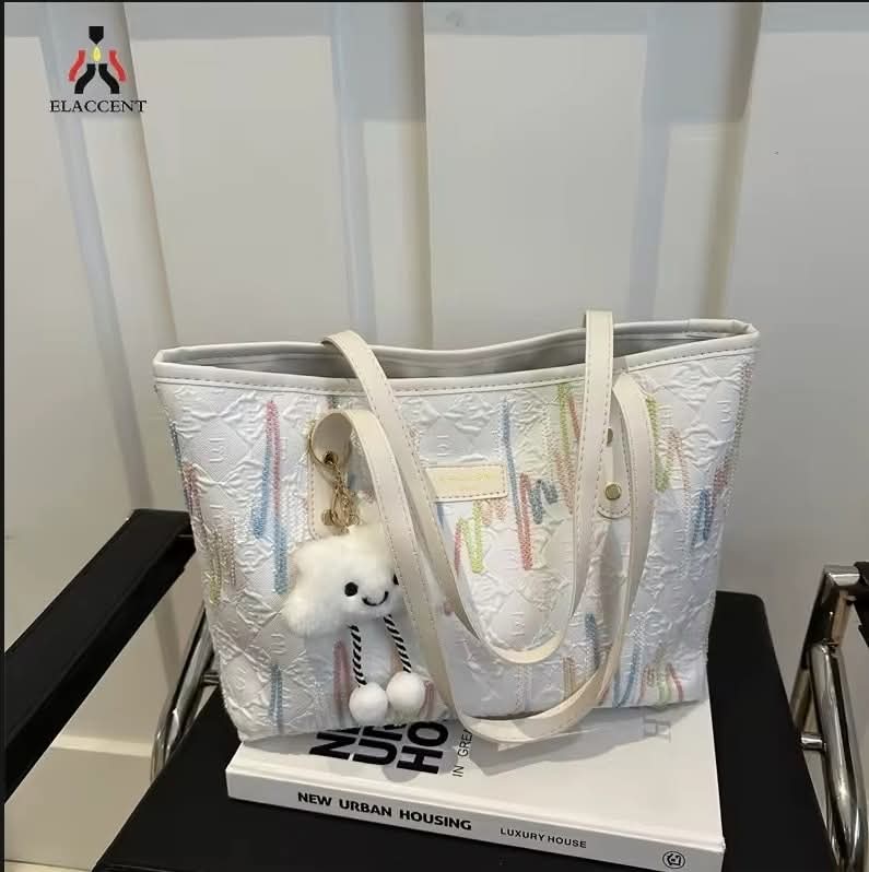 c018, Leisure commuter large capacity bag Women's new fashion college class single shoulder striped embroidery Tote bag