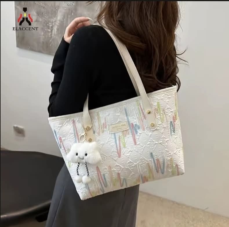 c018, Leisure commuter large capacity bag Women's new fashion college class single shoulder striped embroidery Tote bag