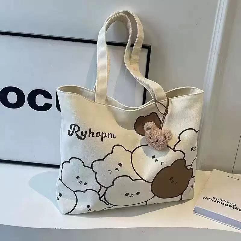 C092, Versatile Commuting Tote Bag Women's New Canvas Shoulder Bag Cute Print Large Capacity Student Class Tote Bag Trendy