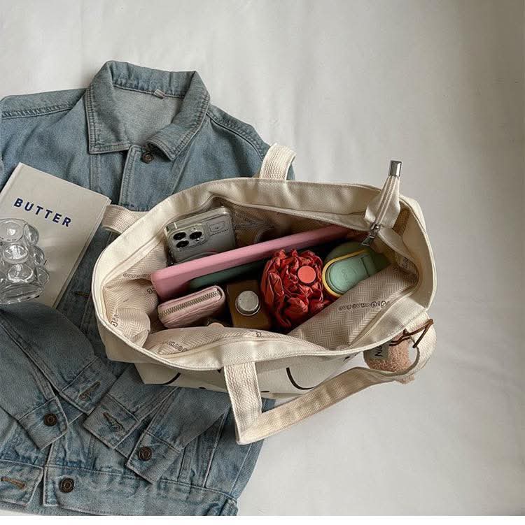 C092, Versatile Commuting Tote Bag Women's New Canvas Shoulder Bag Cute Print Large Capacity Student Class Tote Bag Trendy