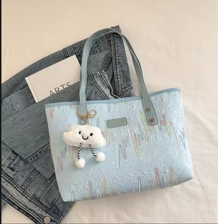 c018, Leisure commuter large capacity bag Women's new fashion college class single shoulder striped embroidery Tote bag