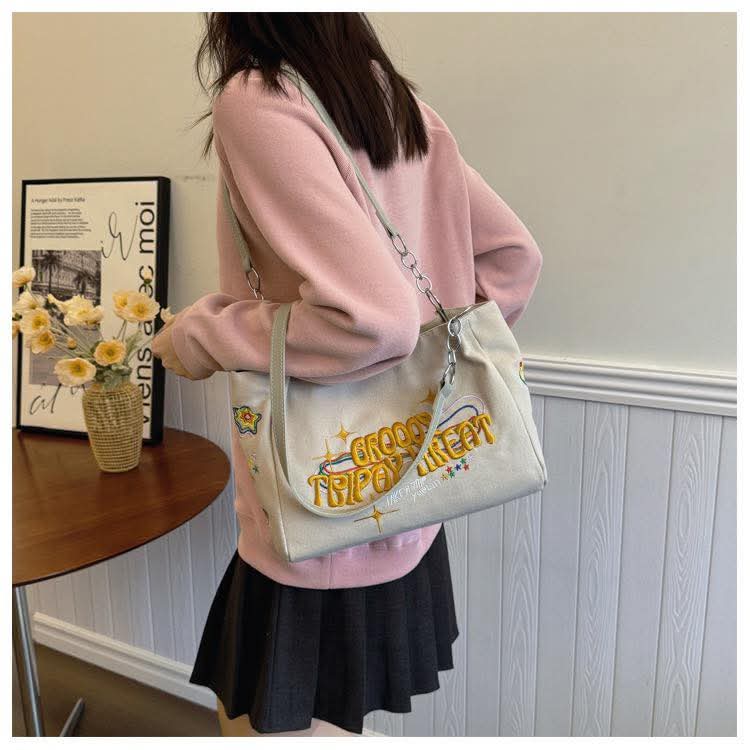 C73, 2025 autumn new canvas women's bag large capacity fashion leisure ins lazy style shoulder bag trendy tote bag women