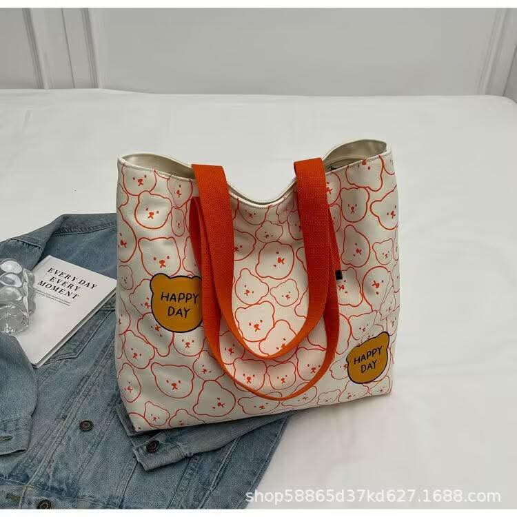 C98, New Tote Bag Female College Students Early Eight Commuter Canvas Bag Large Capacity Tote Bag Cute Bear Underarm Bag