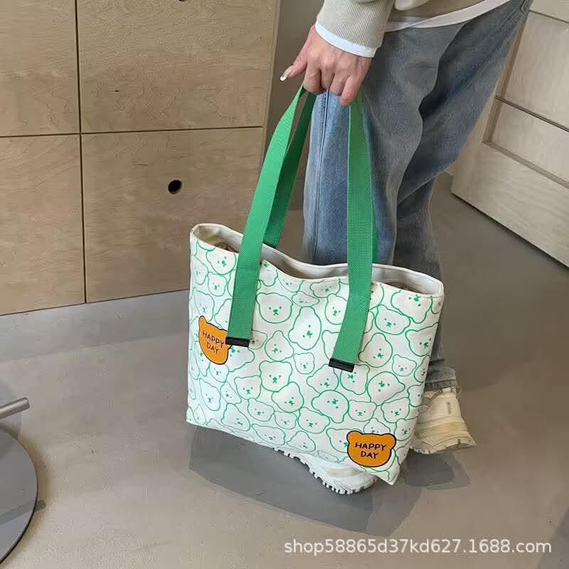 C98, New Tote Bag Female College Students Early Eight Commuter Canvas Bag Large Capacity Tote Bag Cute Bear Underarm Bag