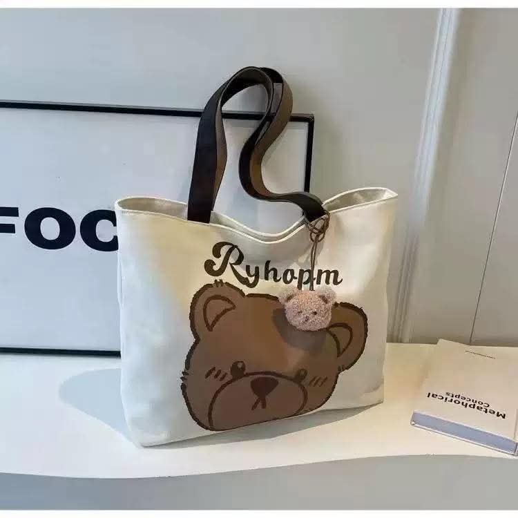 C092, Versatile Commuting Tote Bag Women's New Canvas Shoulder Bag Cute Print Large Capacity Student Class Tote Bag Trendy