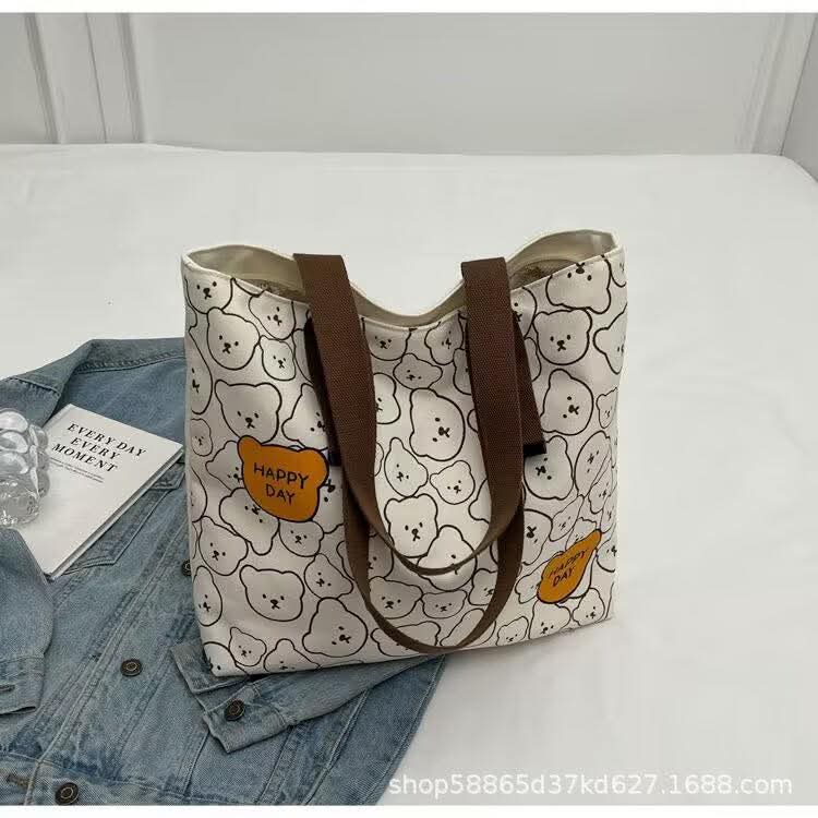 C98, New Tote Bag Female College Students Early Eight Commuter Canvas Bag Large Capacity Tote Bag Cute Bear Underarm Bag