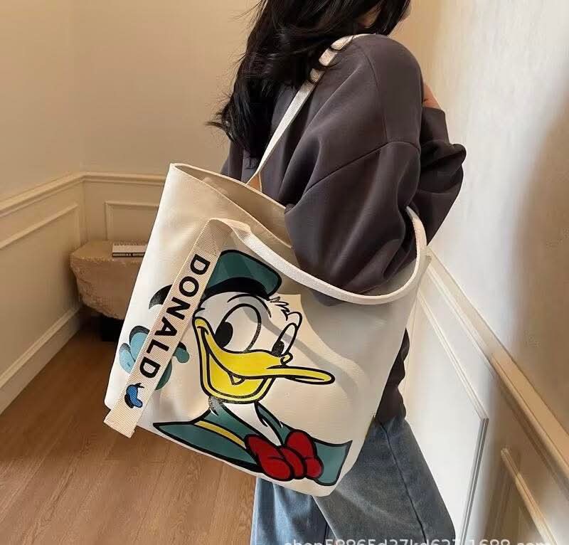 C97, New canvas bag for women 2025 new cute cartoon handbag casual versatile large capacity shoulder tote bag
