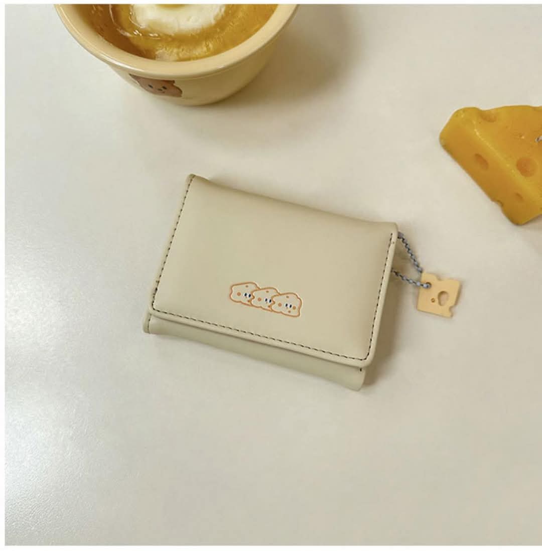 W092, Cheese Wallet Japanese Cute Card Holder Short Women's Coin Purse Three-fold Small Fresh Embroidery Texture Forest Original