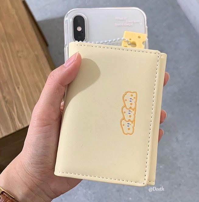 W092, Cheese Wallet Japanese Cute Card Holder Short Women's Coin Purse Three-fold Small Fresh Embroidery Texture Forest Original