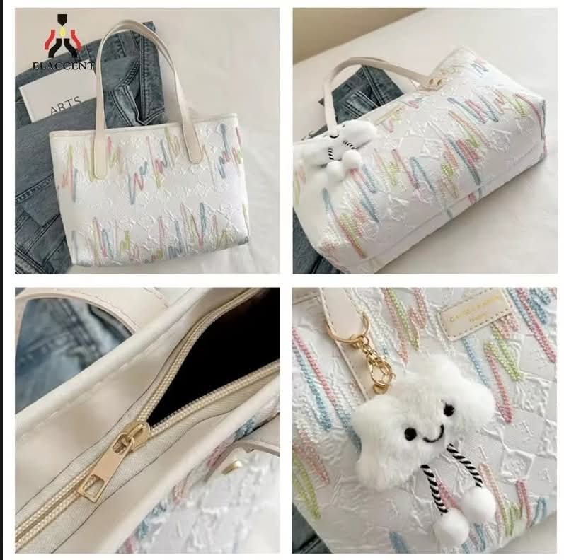 c018, Leisure commuter large capacity bag Women's new fashion college class single shoulder striped embroidery Tote bag
