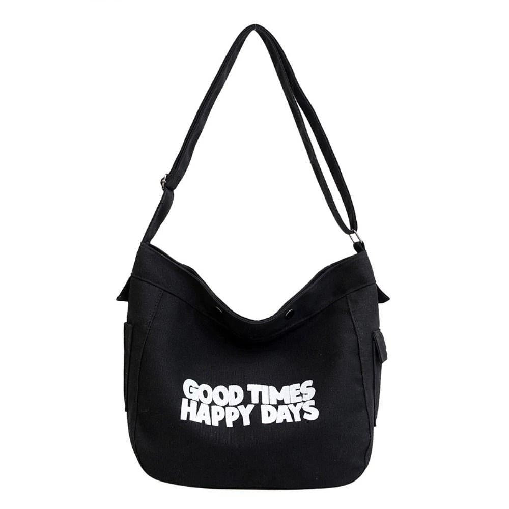 M014, “ Good time “ Letter canvas bag for women 2023 new trendy simple fashion tote bag student class large capacity messenger bag