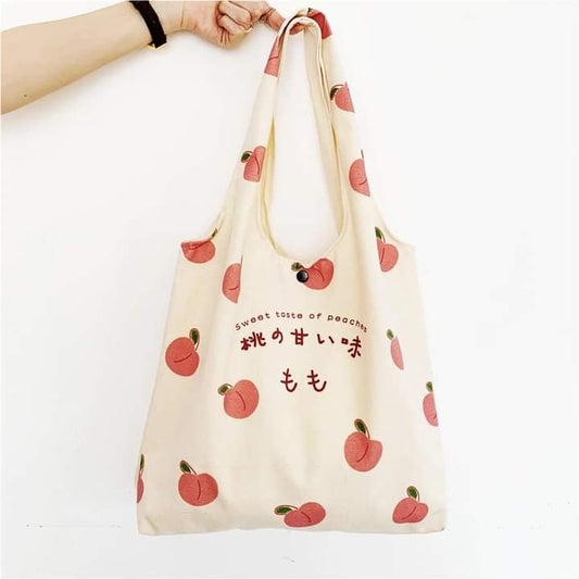 c021, Peach Print Canvas Bag High-capacity School Bag for Women