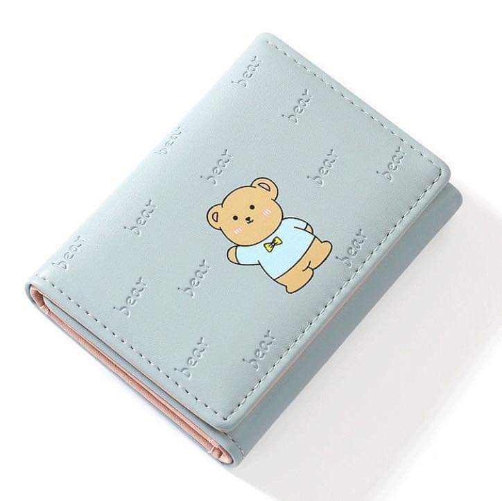 W063, New ins fashion student leather wallet cartoon bear multi-card slot three-fold short women's wallet