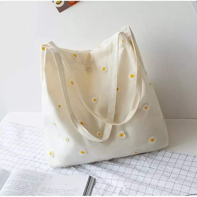c056, Canvas shoulder bag, double layer daisy pattern, Korean style