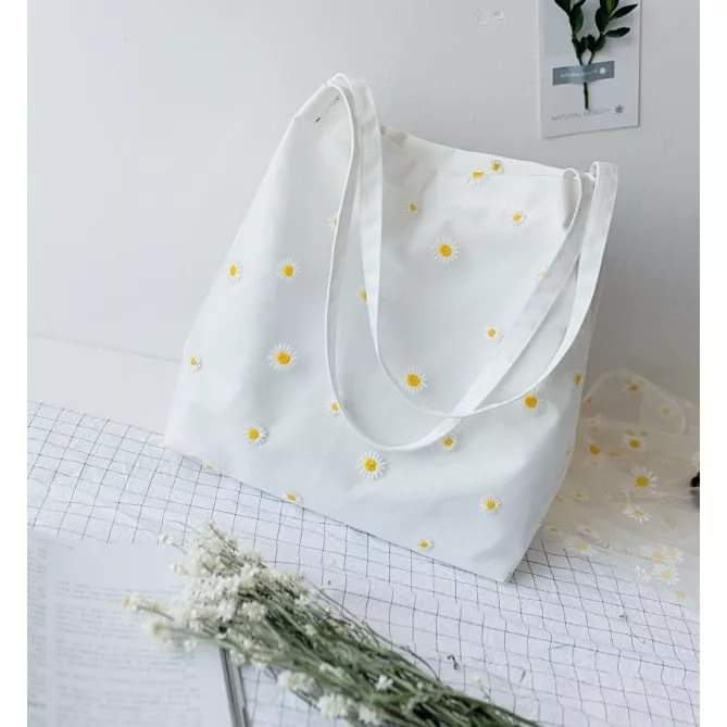 c056, Canvas shoulder bag, double layer daisy pattern, Korean style