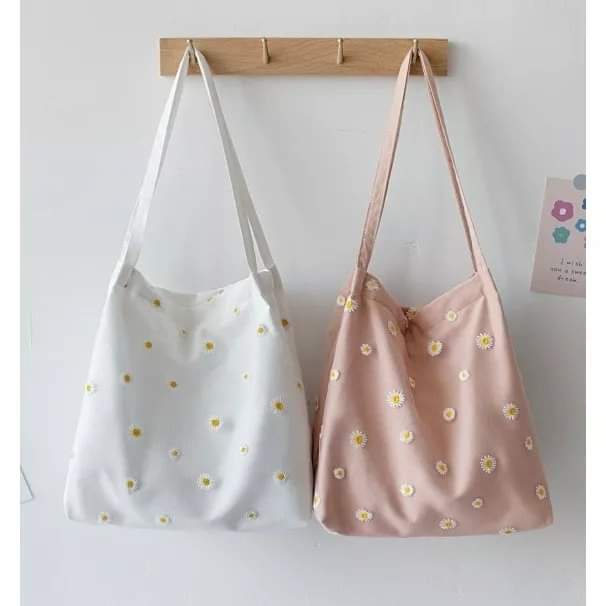 c056, Canvas shoulder bag, double layer daisy pattern, Korean style