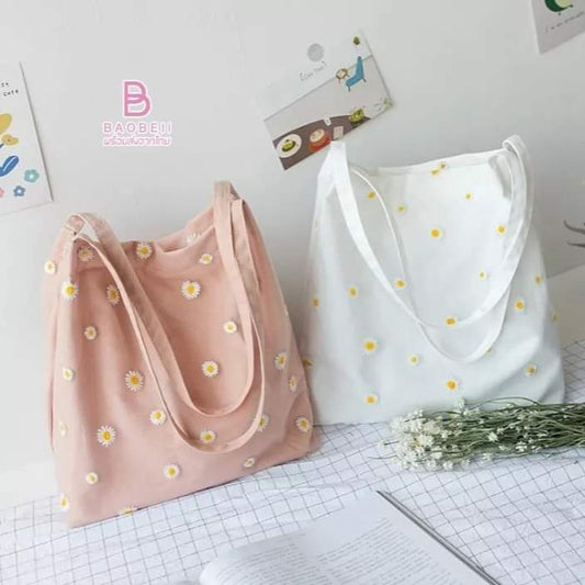 c056, Canvas shoulder bag, double layer daisy pattern, Korean style