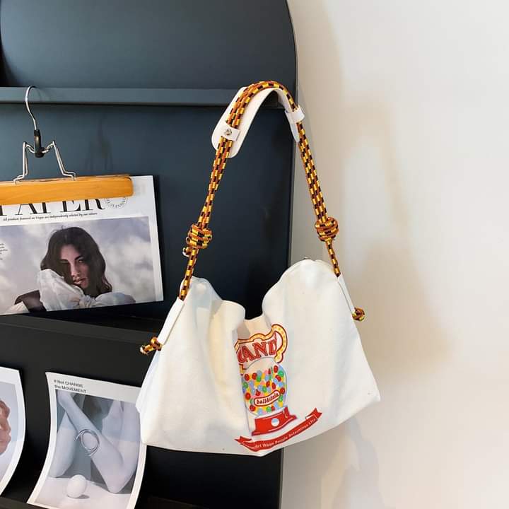 M089, Printed Cartoon Letter Canvas Bag 2023 New Tote Bag Shoulder Crossbody Zipper Student